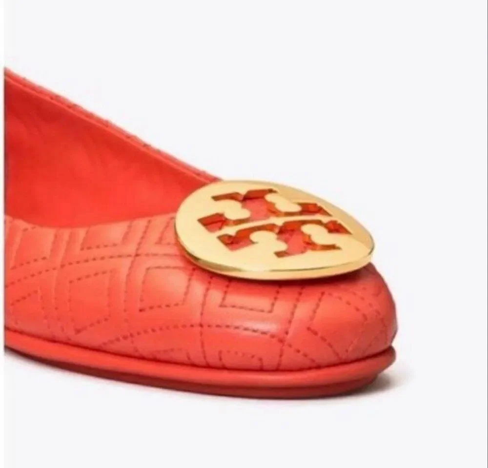 Tory Burch Minnie Quilted Leather Ballet Flats Vibrant Orange Fall Preppy Sz 6.5